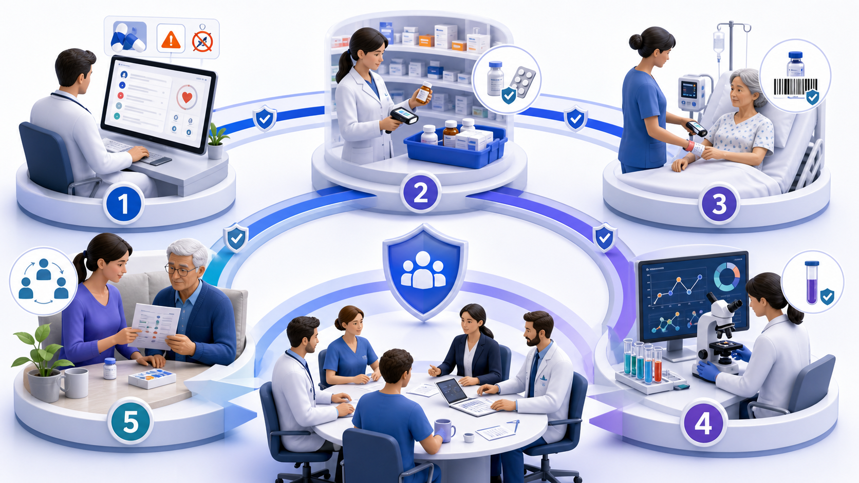 medication safety workflow connecting healthcare data, analytical review, and clinician oversight