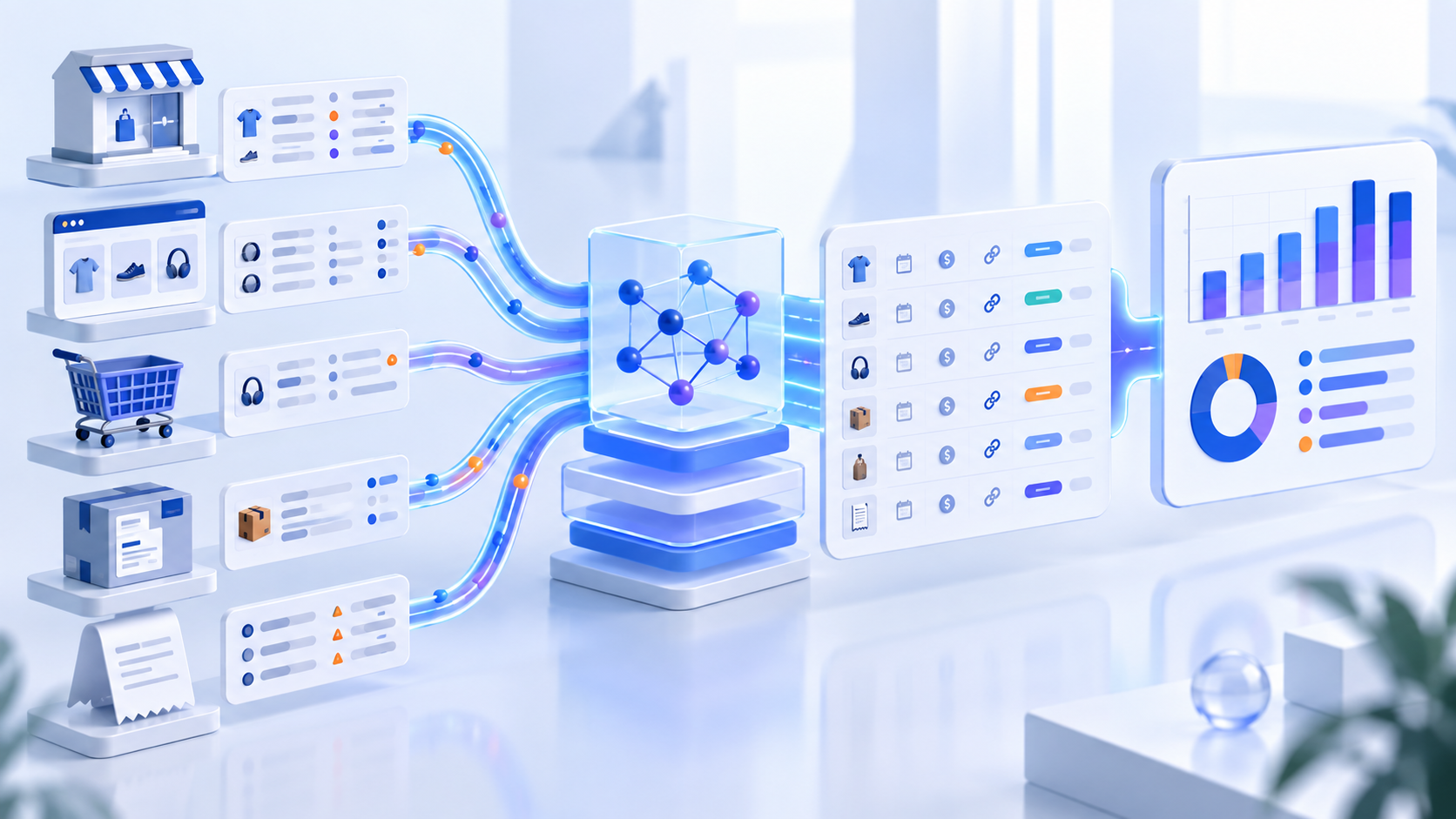 Multiple ecommerce channel records flowing through a normalization layer into one comparable returns dashboard
