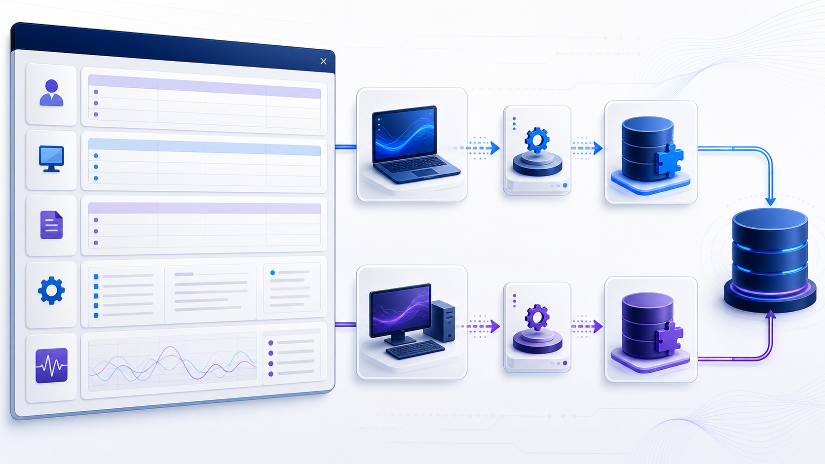 An ODBC Data Source Administrator console with user, system and file DSN panels plus matching 32-bit and 64-bit driver paths