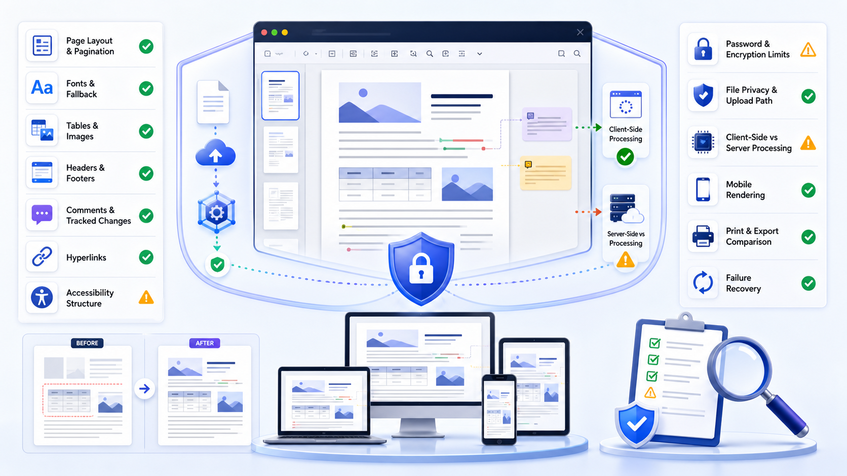 A 20-point online DOCX viewer evaluation matrix comparing document layout, fonts, tables, images, comments, tracked changes, accessibility, privacy, client-side and server processing, mobile rendering, export, and failure recovery