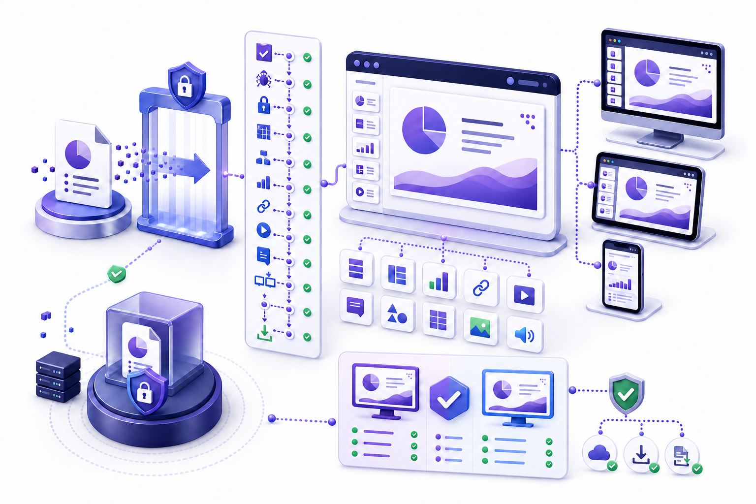 Online PPT viewing workflow showing source verification, a controlled upload gate, protected original, browser rendering, format and content checks, desktop tablet and phone views, recipient comparison, permissions, download, conversion, and deletion controls
