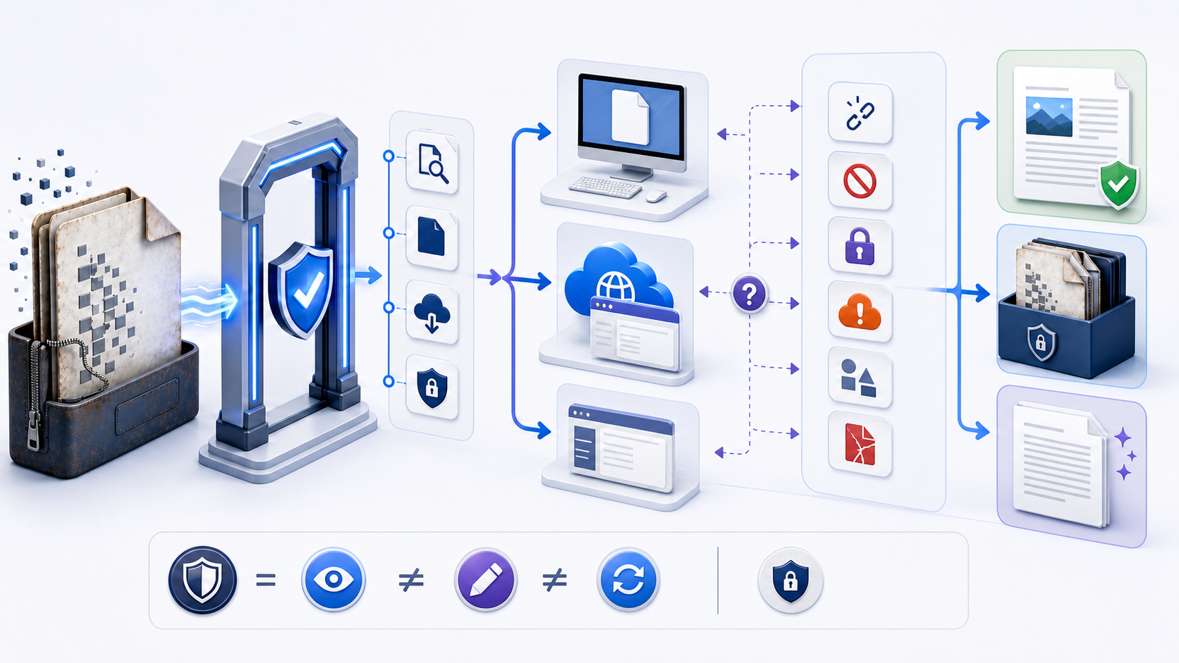 Safe open DOC file workflow showing legacy source verification, protected read-only access, desktop, browser and local viewer routes, error diagnosis, verified output, preserved original, and optional modern copy