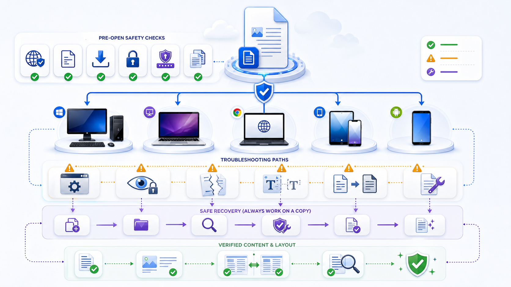 A safe cross-device workflow for opening a DOCX file on Windows, Mac, Chromebook, iPhone, iPad, and Android, with source, extension, download, protection, association, corruption, copy-based recovery, and final content verification checks