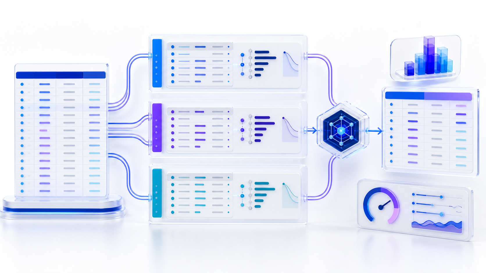 SQL rows flowing into three logical PARTITION BY groups, each independently ordered and analyzed before complexity inspection