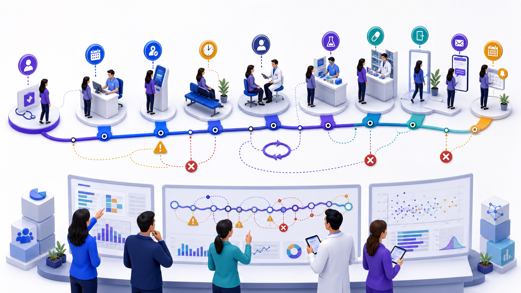 patient journey analytics workflow connecting healthcare data, analytical review, and clinician oversight