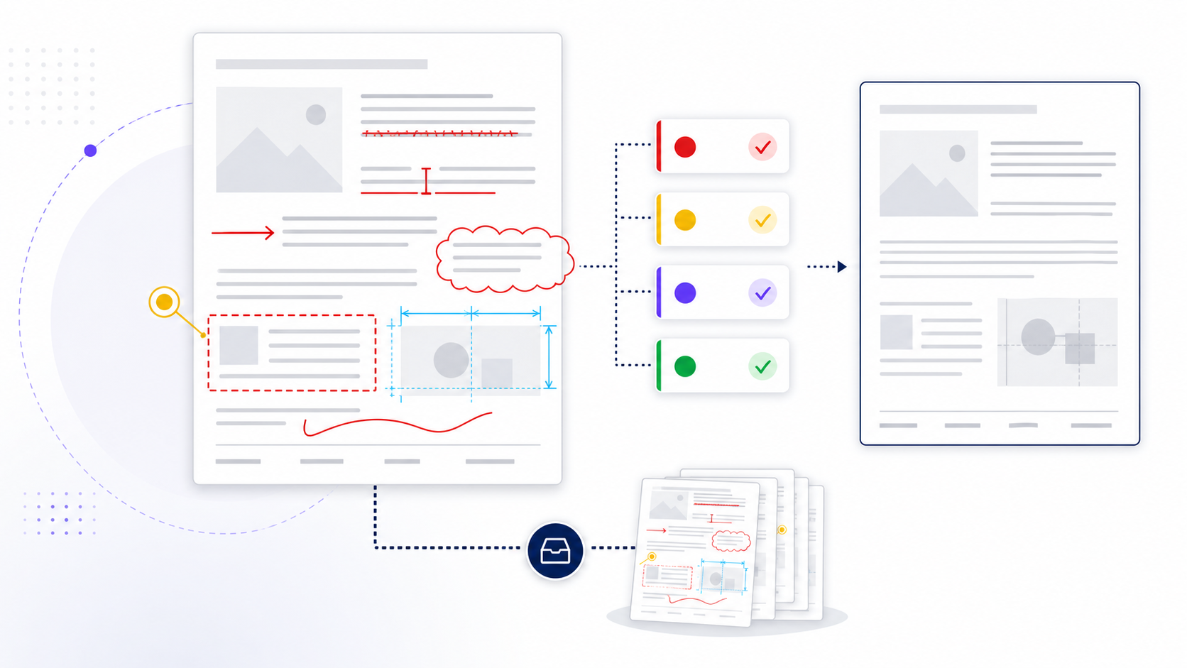 Governed PDF markup workflow showing text redlines, insertion marks, arrows, cloud and dashed regions, geometry guides, comment pins, review statuses, a clean revised output, and archived markup record