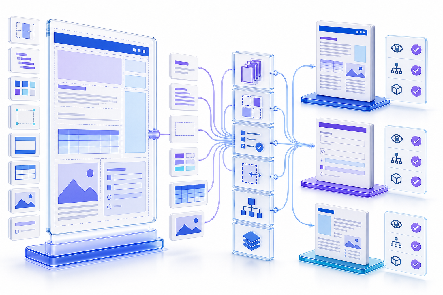Reusable PDF template system showing a governed source blueprint, semantic styles, layout and form modules, short long missing multilingual table and image inputs, pagination and validation rules, version control, and distinct verified report form and summary outputs