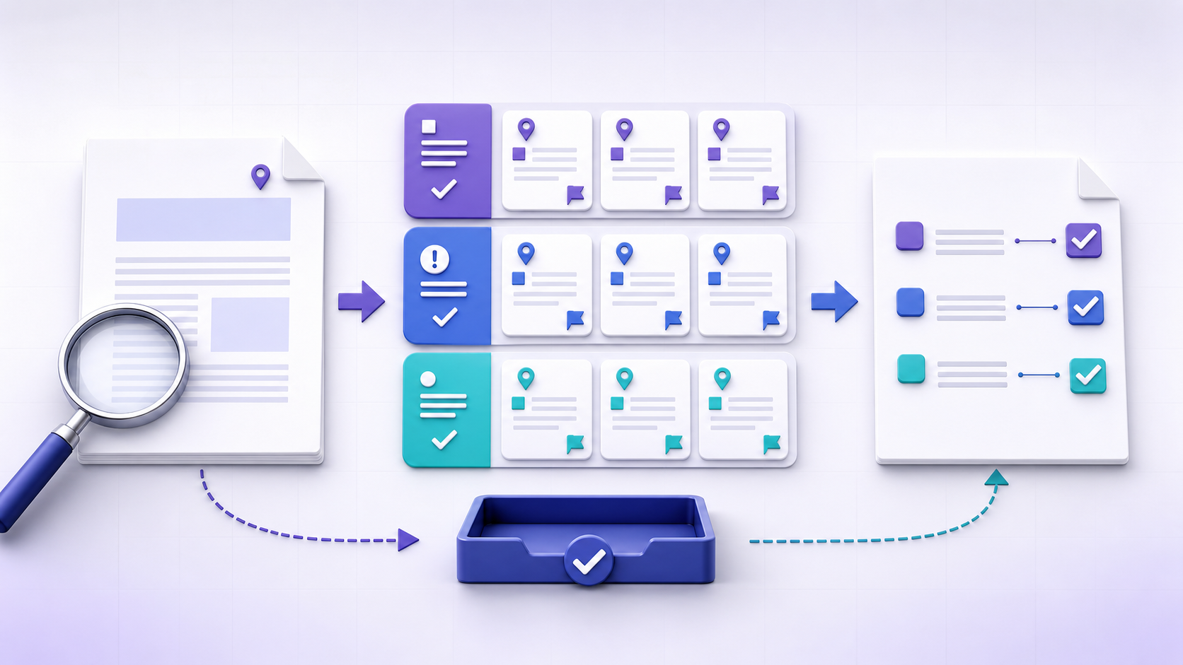 Blank manuscript moving through structured review comment cards to a point-by-point author response and revision decision tray