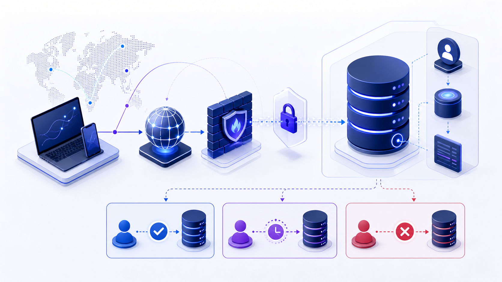 A layered MySQL port 3306 connection path through DNS, firewall, TLS, authentication, database selection, and a safe query
