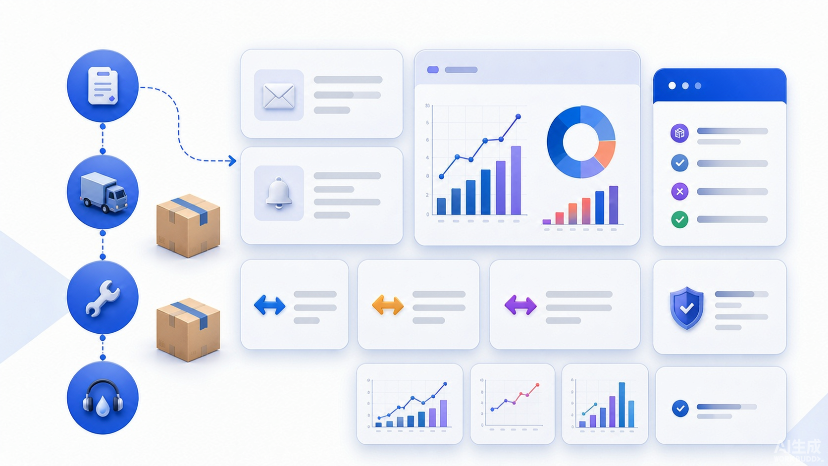 Abstract post purchase communication journey linking order shipment delivery setup care support return options event truth message exposure mature return outcomes and trust guardrails