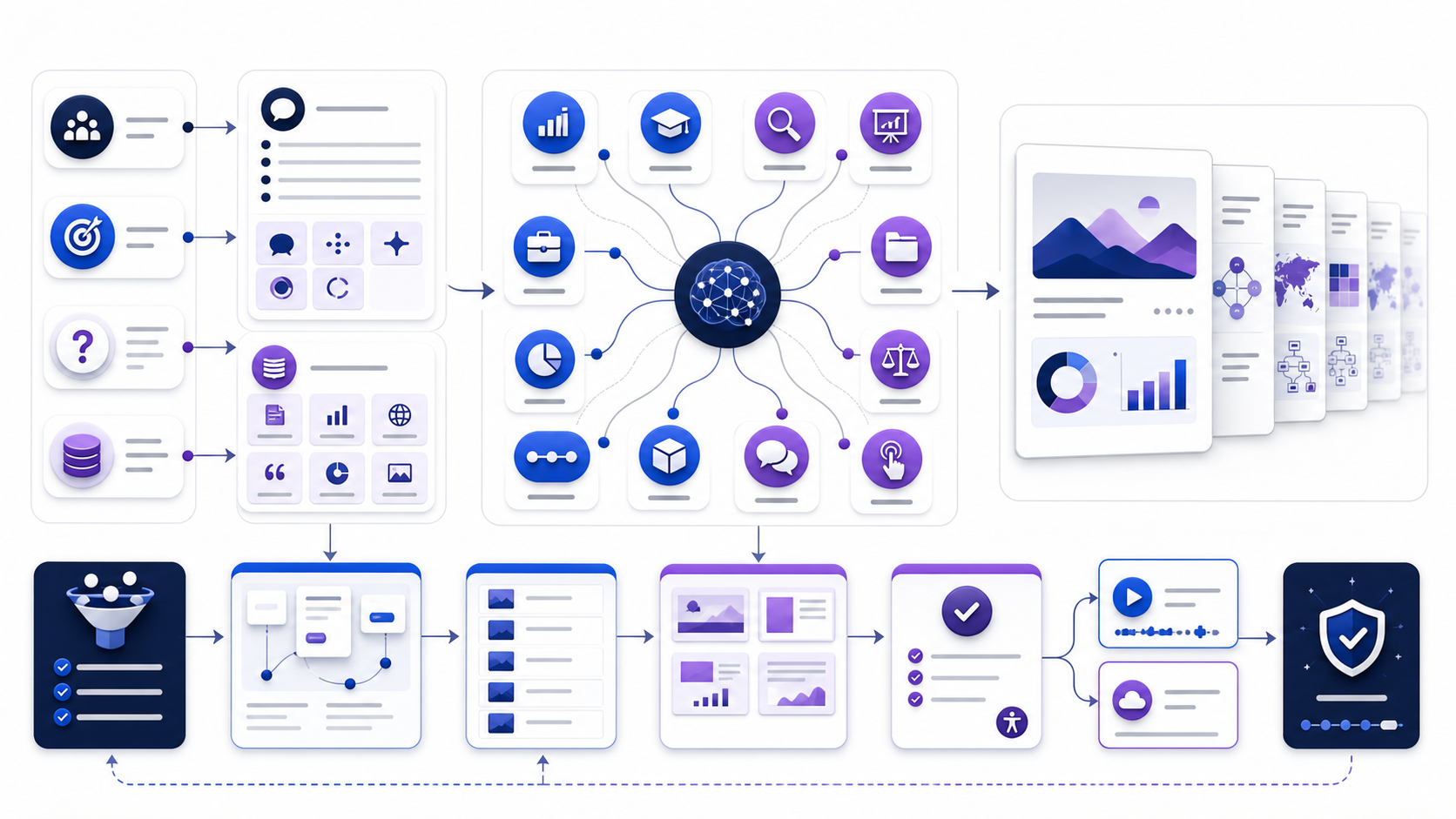 Evidence-led PowerPoint presentation idea workflow from audience, purpose, and source material through idea clusters, outline, storyboard, accessibility review, and release