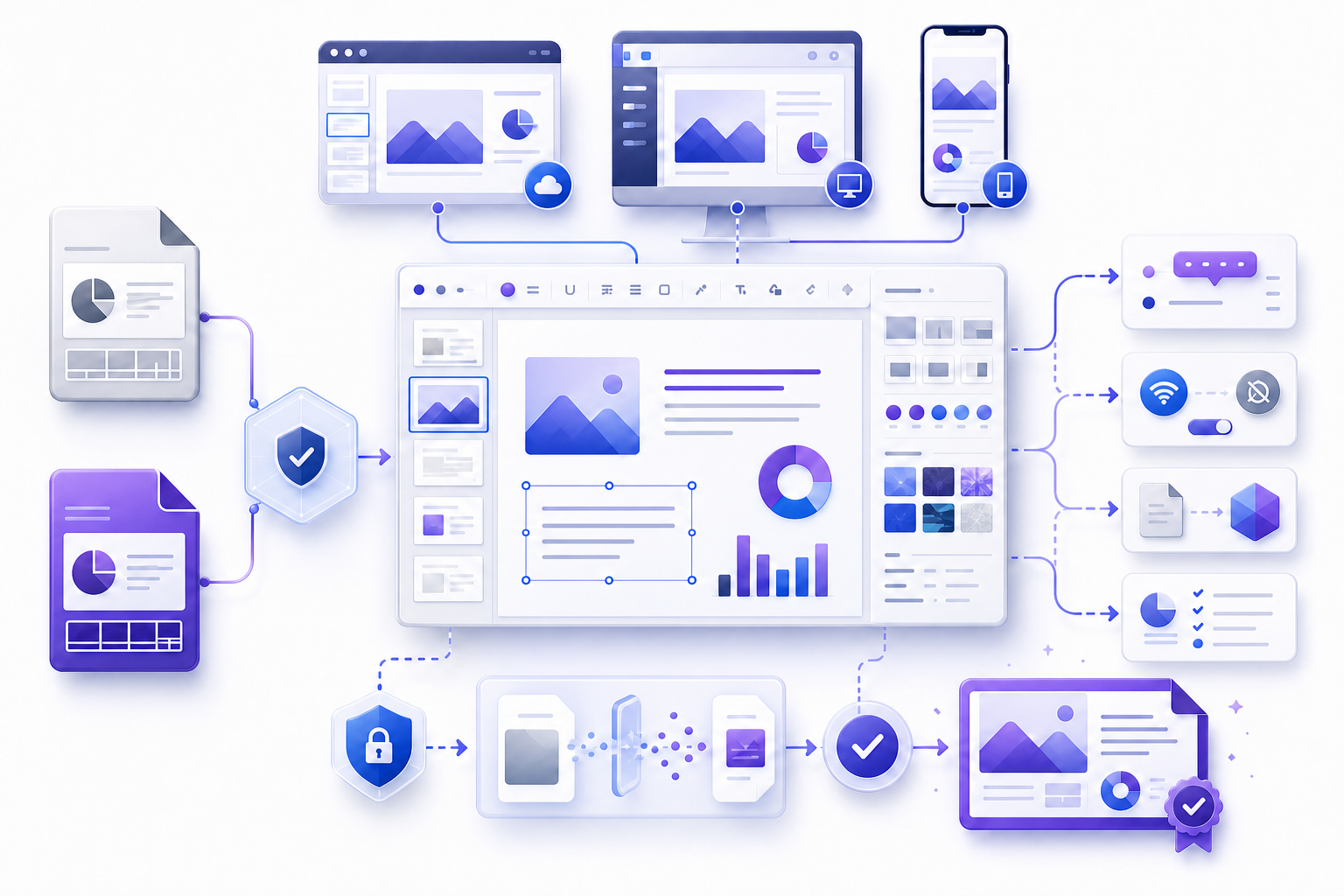 PPT editor evaluation workflow comparing browser desktop and mobile editing, legacy and modern presentation formats, compatibility, conversion, collaboration, offline behavior, accessibility checks, and final validated export