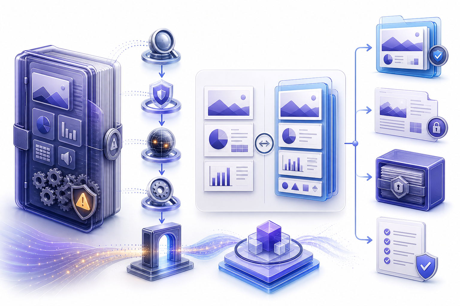 Legacy PPT file workflow showing an opaque binary presentation with embedded objects and active-content caution, source verification, protected viewing, security scanning, compatibility inspection, controlled conversion, comparison, archive, recipient view, and release validation