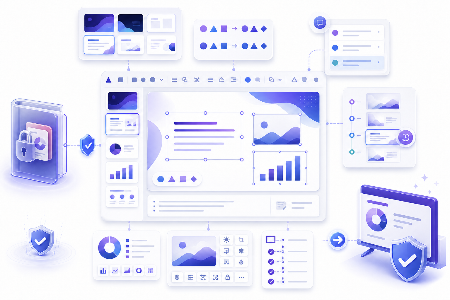PPTX editing workflow showing a protected original, slide thumbnails, editable text and image objects, themes and layouts, chart controls, comments, version history, accessibility checks, final validation, and a protected exported presentation