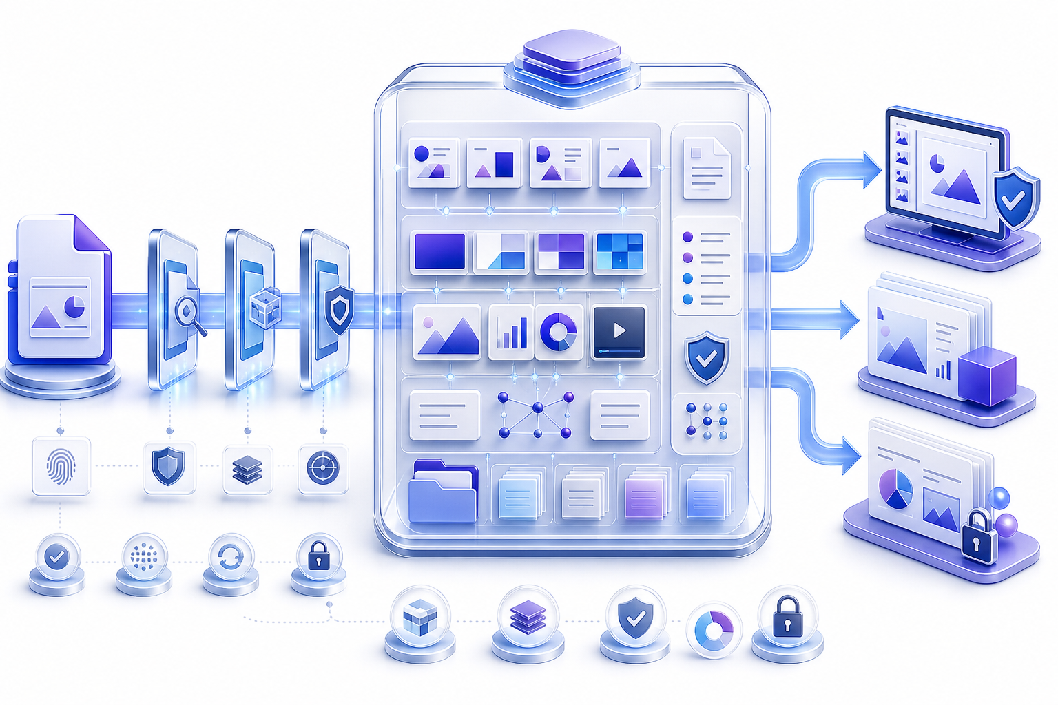 PPTX file workflow showing source verification, package structure, slides, themes, images, charts, media, notes, relationships, metadata, security checks, compatibility, controlled editing, and protected sharing
