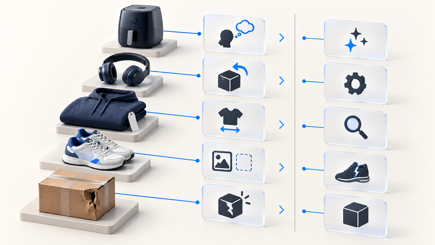 Apparel, shoes, headphones, appliance, and damaged parcel connected to separate customer-reason and inspection-condition cards