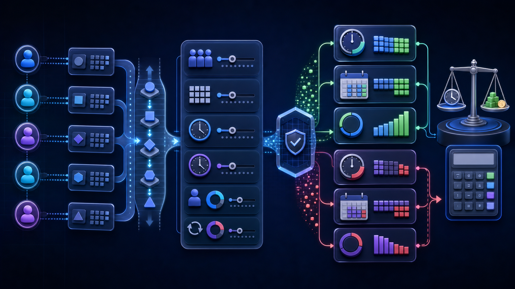 A team productivity model turns workload, task time, adoption, and rework inputs into validated annual hours and capacity before passing evidence to an ROI calculator