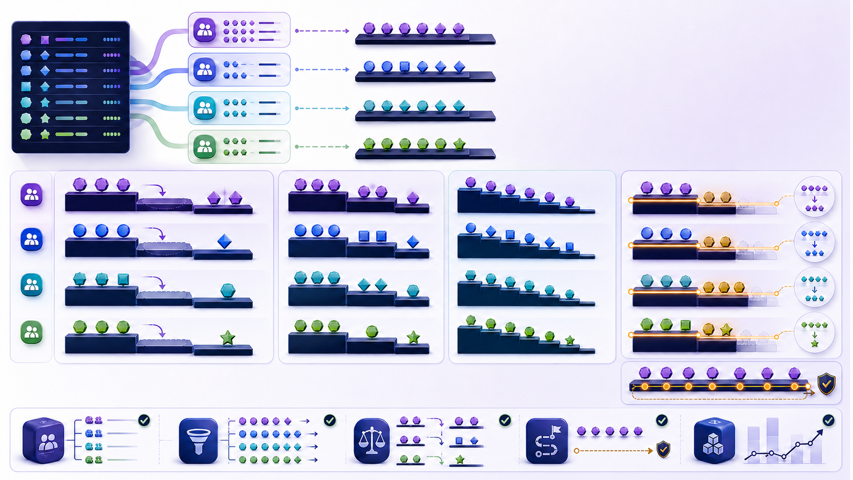 Partitioned data rows enter ranking lanes where equal values share a position, the next position skips, and a Top-N boundary is compared with dense and unique ranking paths
