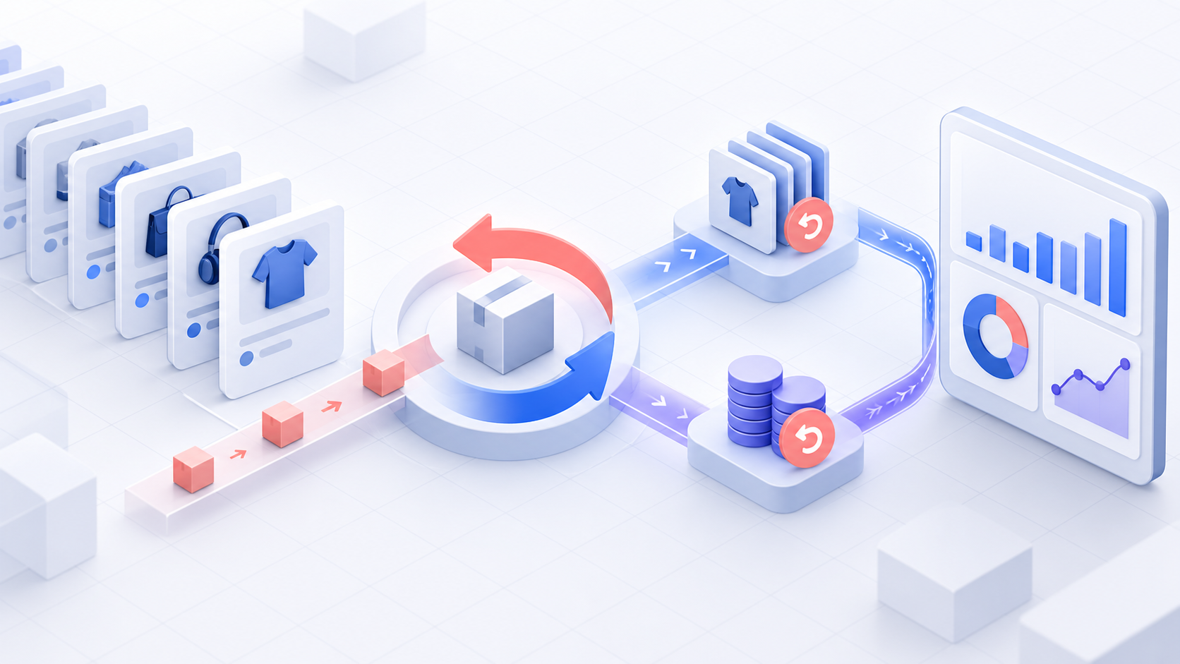 Ecommerce orders and refunded value traveling through separate reconciliation paths into an analytics view