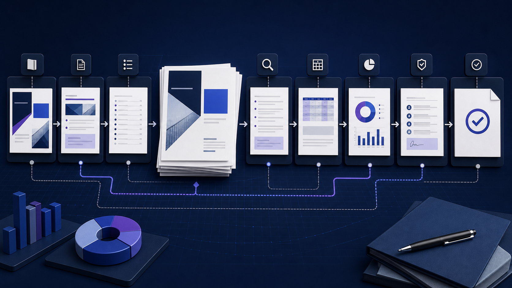 A reusable Word report template workflow organizing a cover, summary, contents, evidence, tables, findings, recommendations, review, and validated final report