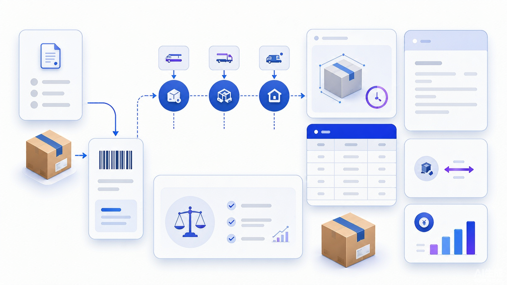 Abstract reverse parcel route connecting return authorization label carrier scans package measurements invoice line items charge corrections credits and one reconciled return case