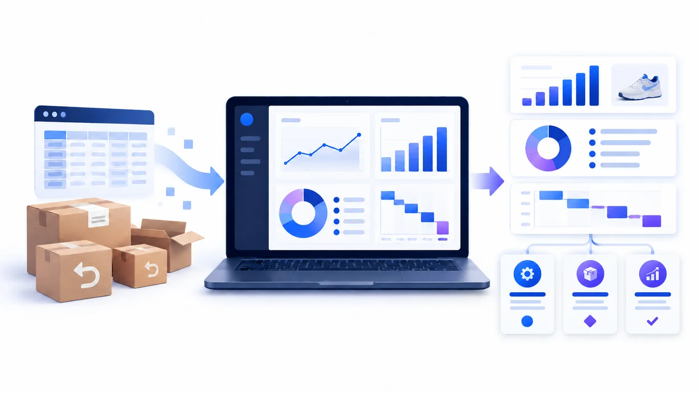 Returns data flowing from a spreadsheet into charts and prioritized action cards