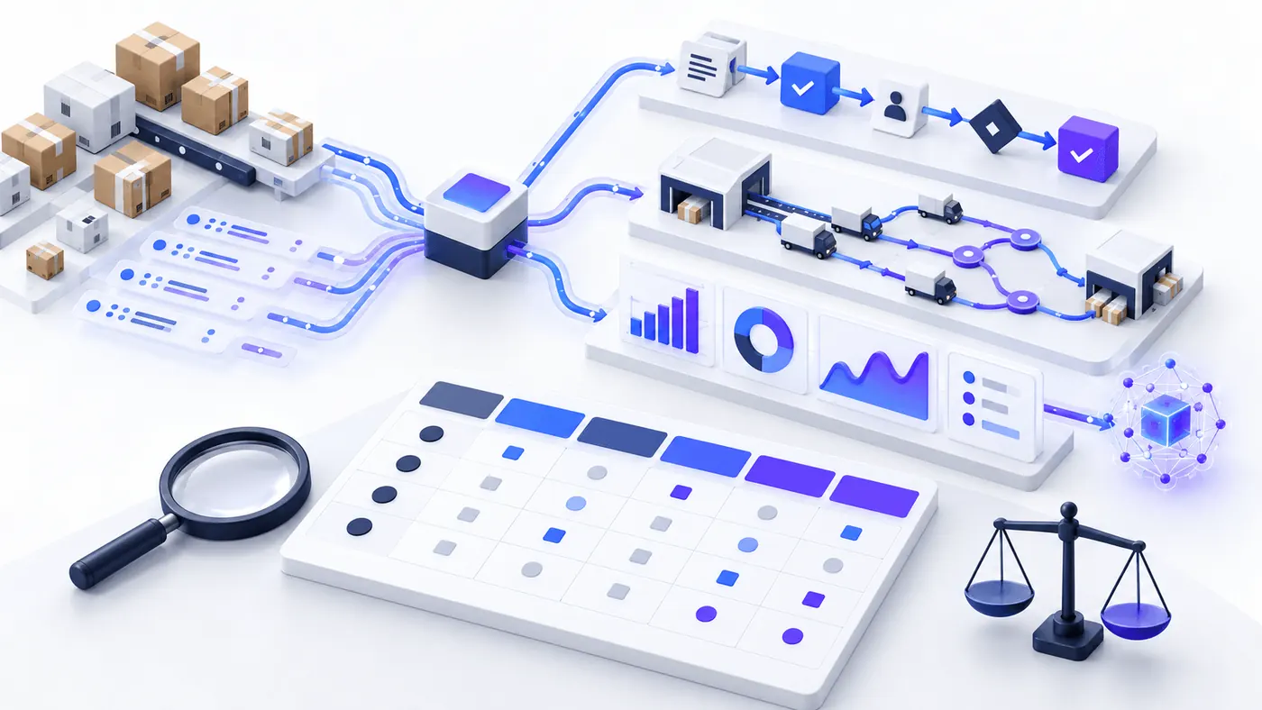 Ecommerce return data divided into processing, logistics, and analytics systems for software evaluation