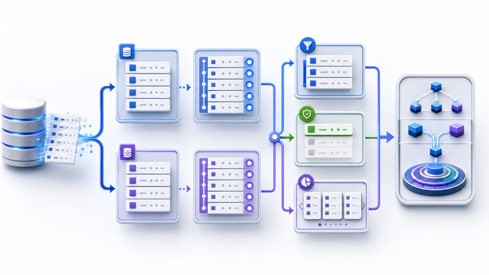 Database rows split into two ordered SQL partitions, receive sequential positions, feed top-N, deduplication and pagination workflows, and enter a final complexity inspection