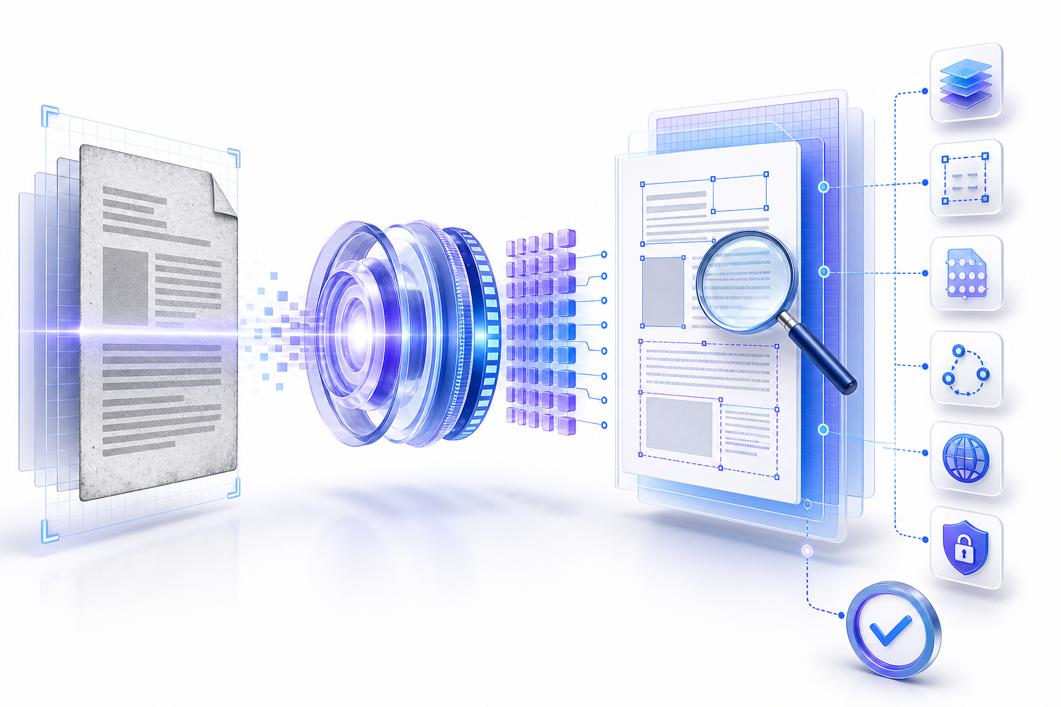 Searchable PDF workflow showing an image-only scan passing through OCR into a verified text layer with selection regions, page coverage, reading-order checks, language review, privacy protection, and final search validation