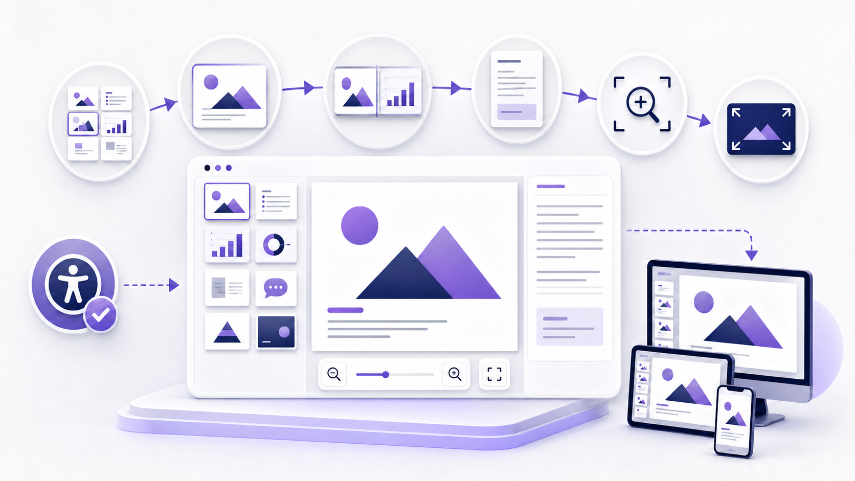 Slide viewer workflow showing thumbnail navigation, focused reading, side-by-side comparison, speaker notes, zoom, full-screen presentation, accessibility review, and recipient-like desktop, tablet, and phone views