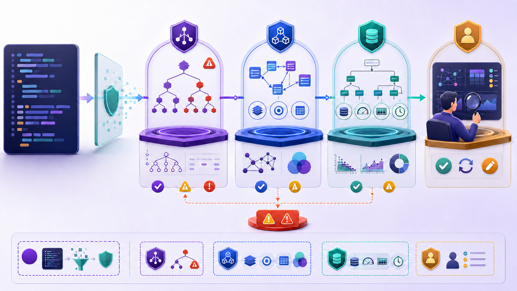 A sanitized SQL structure passes through separate parser, structural complexity, database execution evidence, and human result-validation checkpoints
