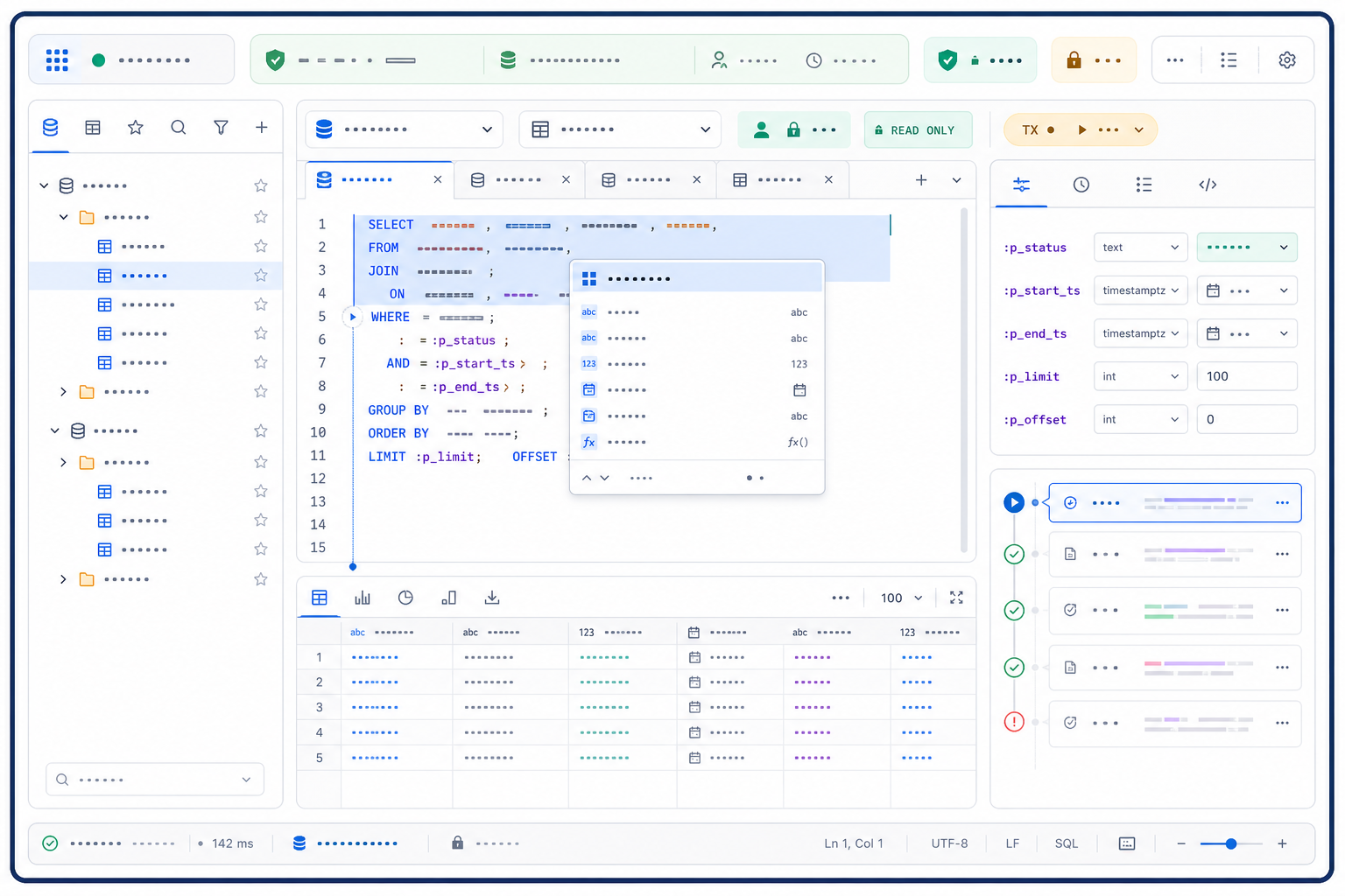 A SQL editor workspace with environment context, schema explorer, query tabs, autocomplete, typed parameters, selected-statement preview, transaction state, history, and linked results
