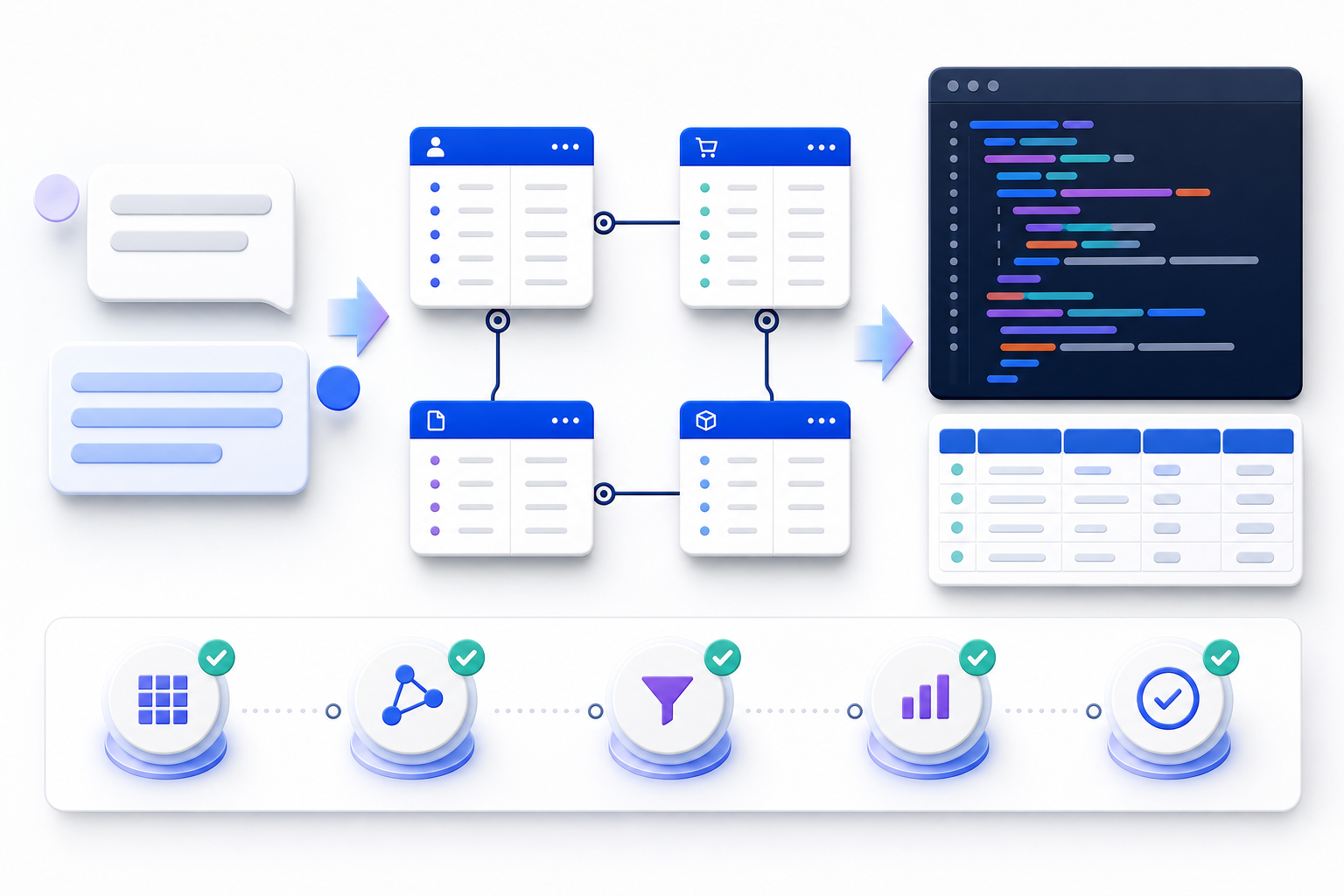 Natural-language question flowing through a four-table relational schema into structured SQL, a result grid, and five verification checkpoints
