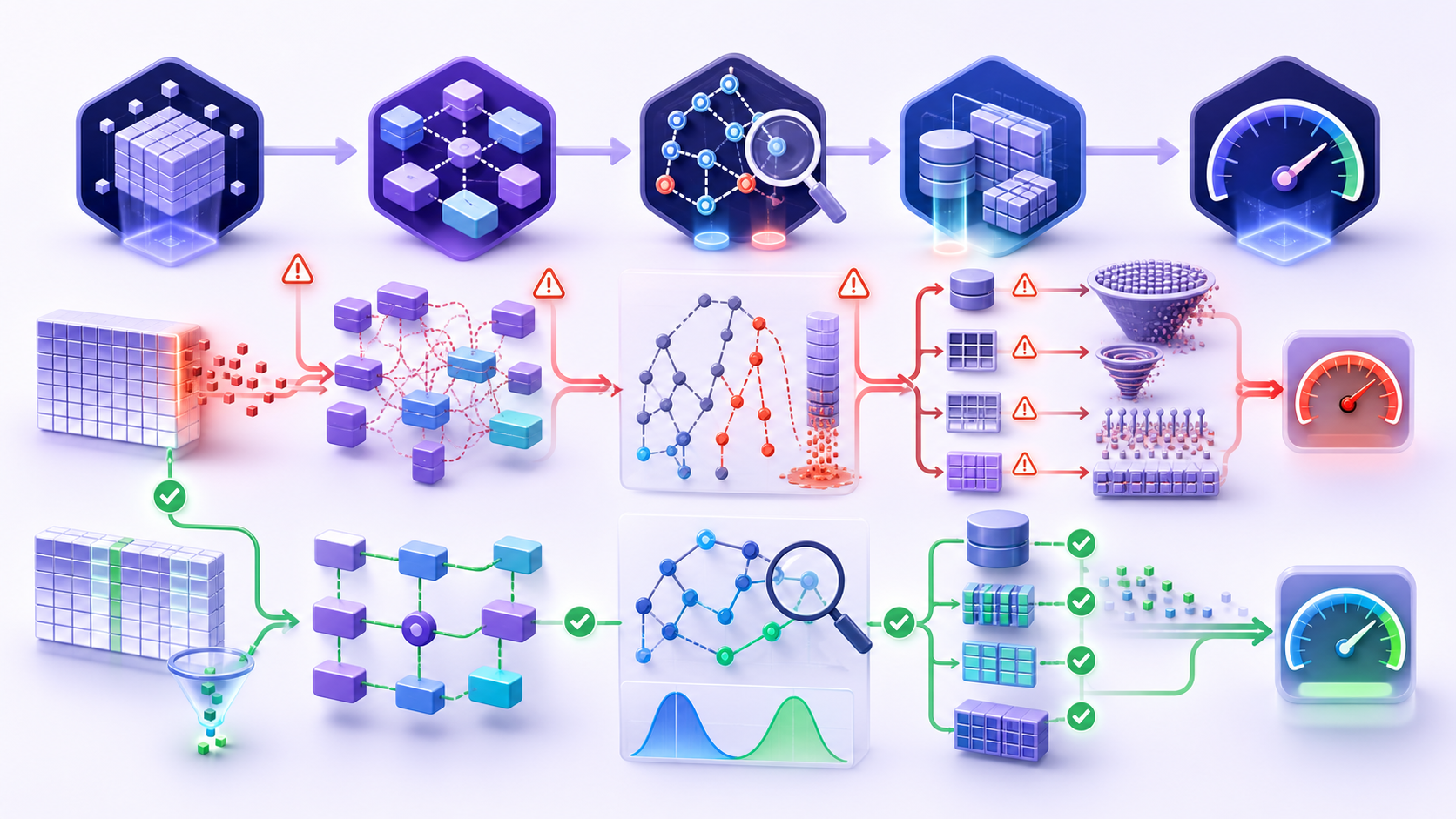 A complex SQL workload follows a validated green path through grain checks, modular structure, plan evidence, safe access paths, and benchmarked performance while unsafe shortcuts remain red