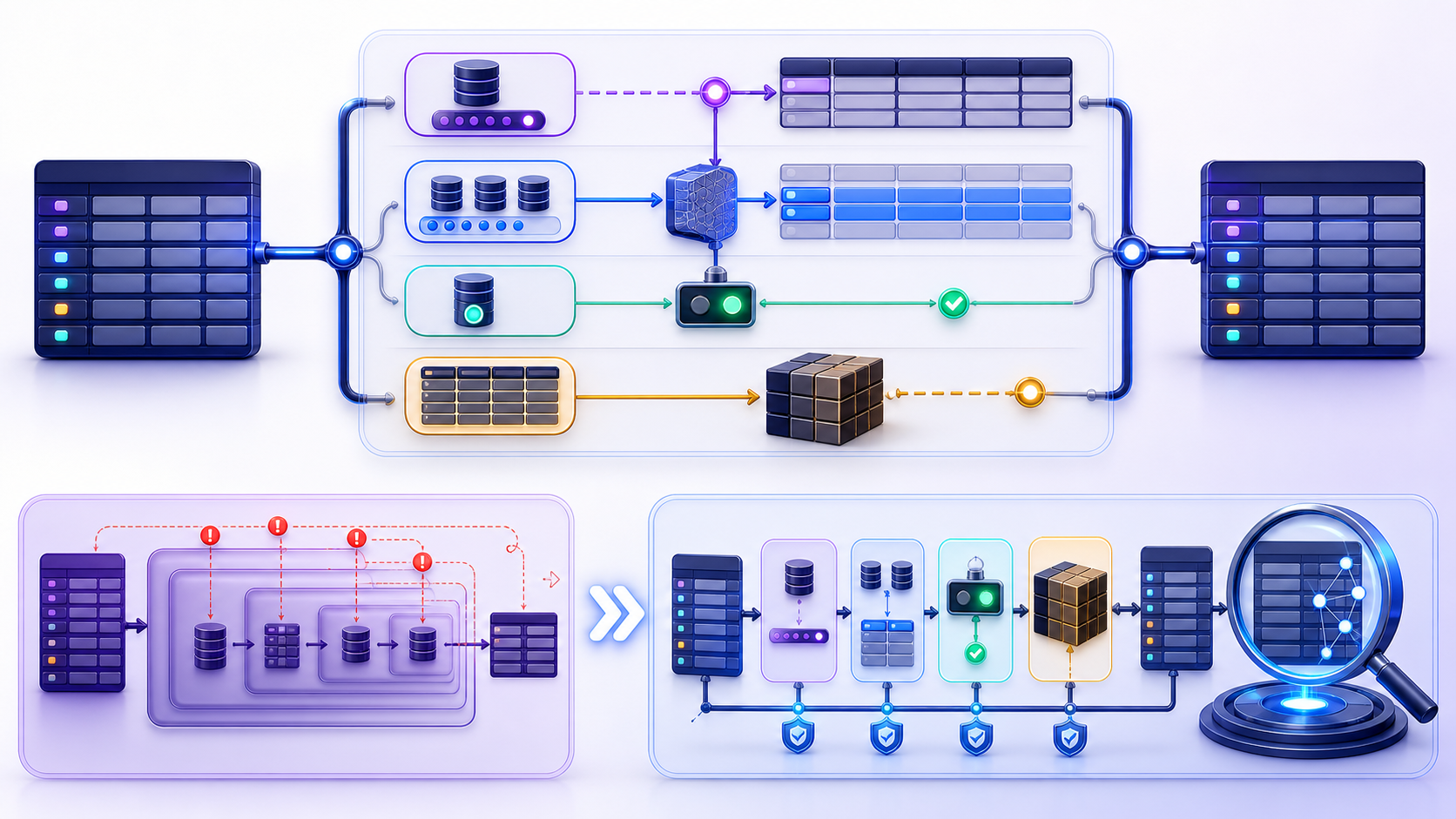 An outer SQL pipeline contains scalar, set membership, existence, and derived-table subqueries while a deeply nested repeated path is refactored into auditable stages