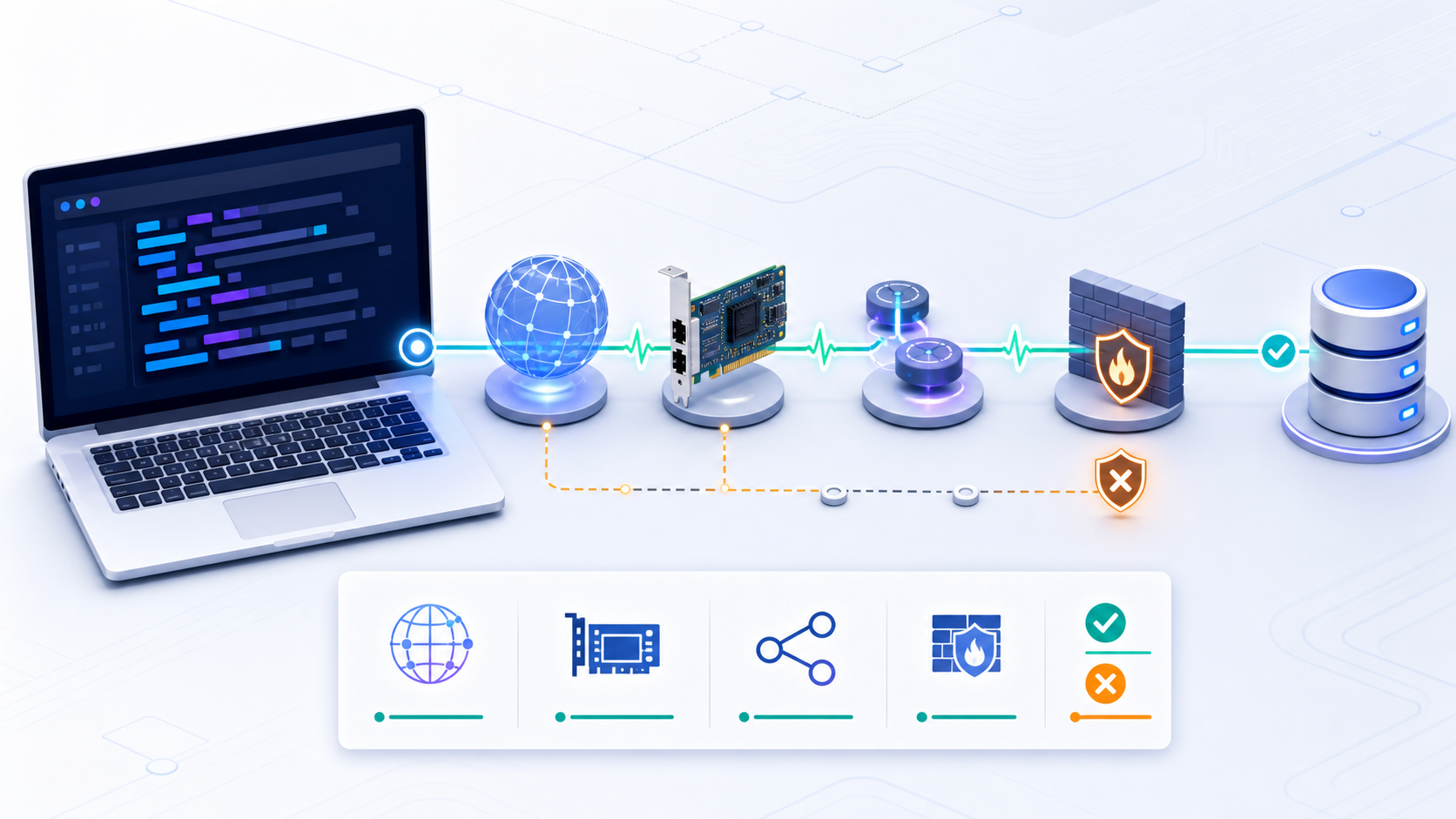 A PowerShell network diagnostic follows DNS, interface, route, firewall, TCP port, and database endpoint stages with separate success and failure signals
