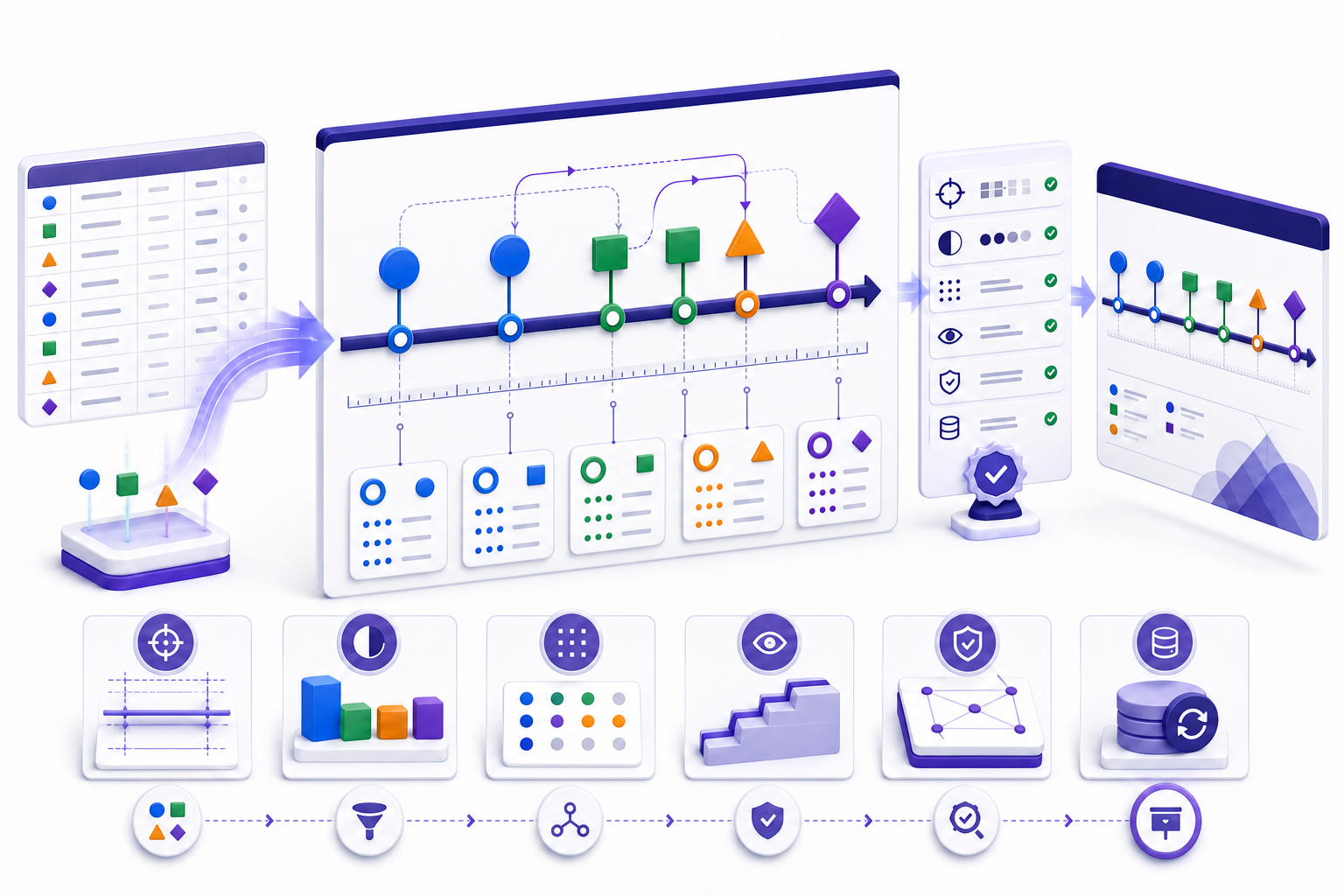 PowerPoint timeline workflow showing a governed source table, proportional date scale, milestone states, dependency connectors, owner and evidence cards, alignment and accessibility checks, controlled review, and an updated final slide