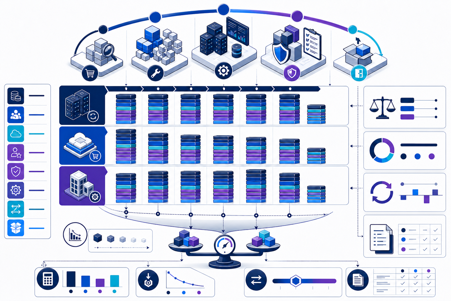 Five-year total cost of ownership framework comparing continue, buy, and build options across acquisition, implementation, operation, governance, risk, maintenance, and exit