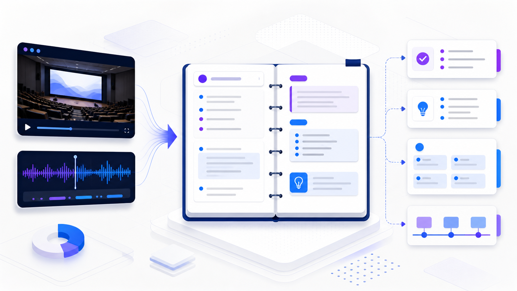 Visual workflow showing video note taker from source video to a reviewable result