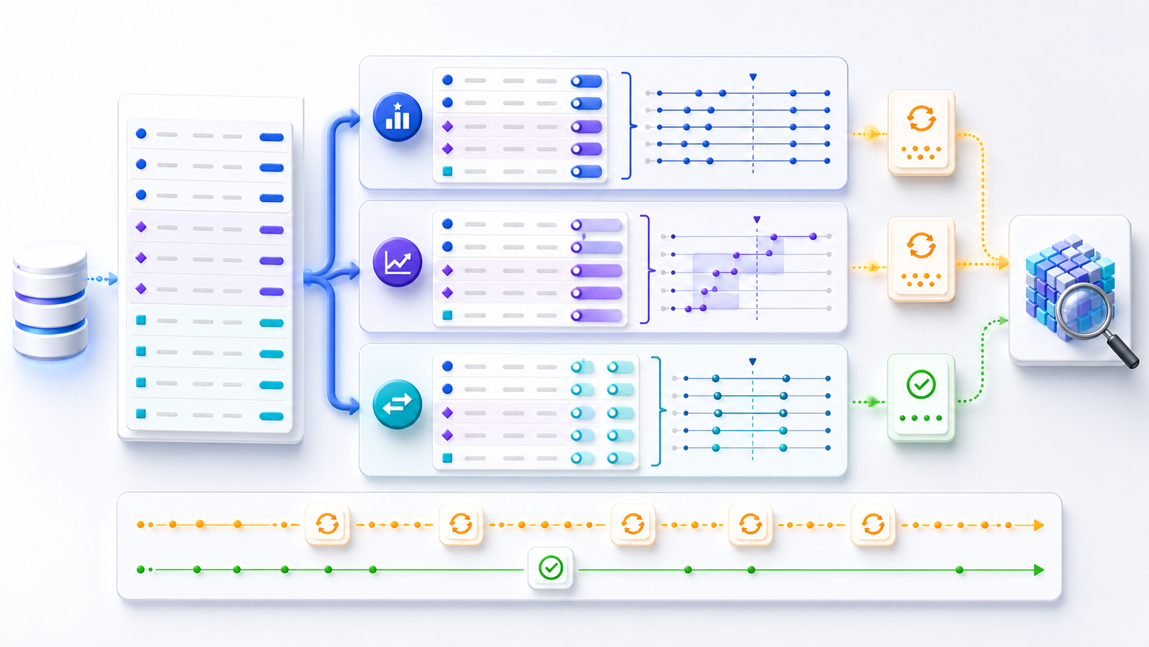 One detailed SQL rowset is preserved while parallel ranking cumulative-frame and previous-next comparison windows add analytics, with repeated sorts contrasted against aligned reusable windows