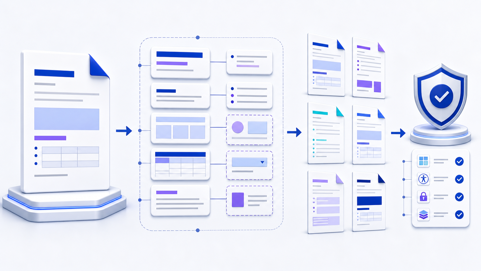 A Word document template workflow showing a reusable master, styles, sections, fields, document instances, accessibility, privacy, version, and final validation controls