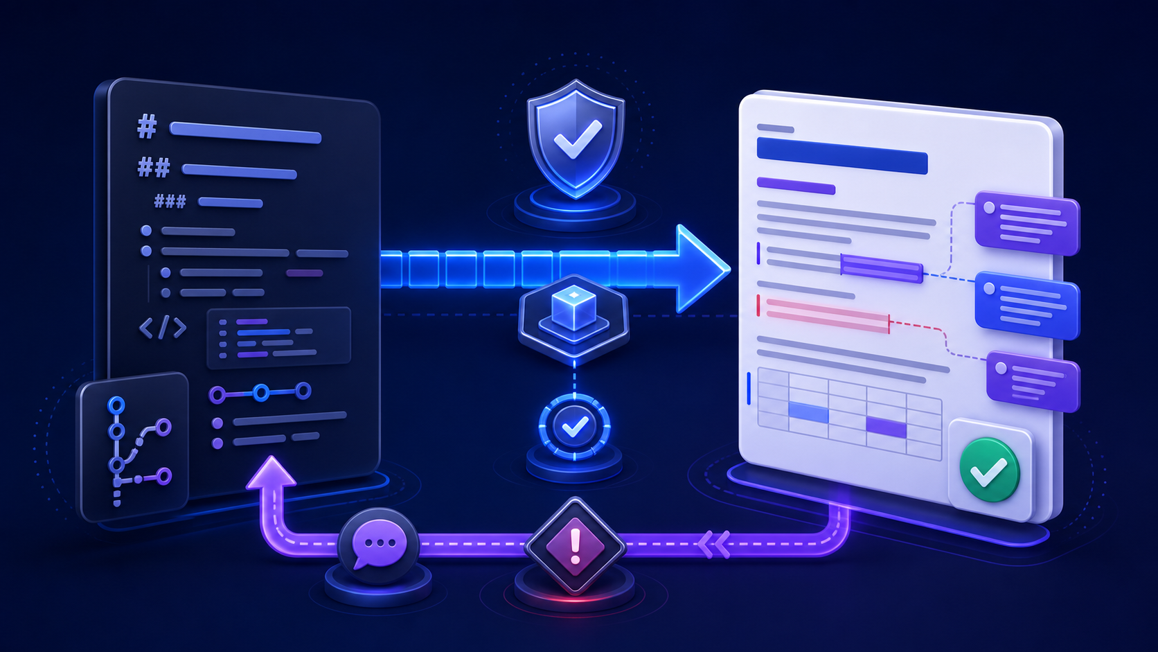 A governed workflow connecting a versioned Markdown source to a Word review document through conversion, tracked feedback, approval, and controlled reconciliation
