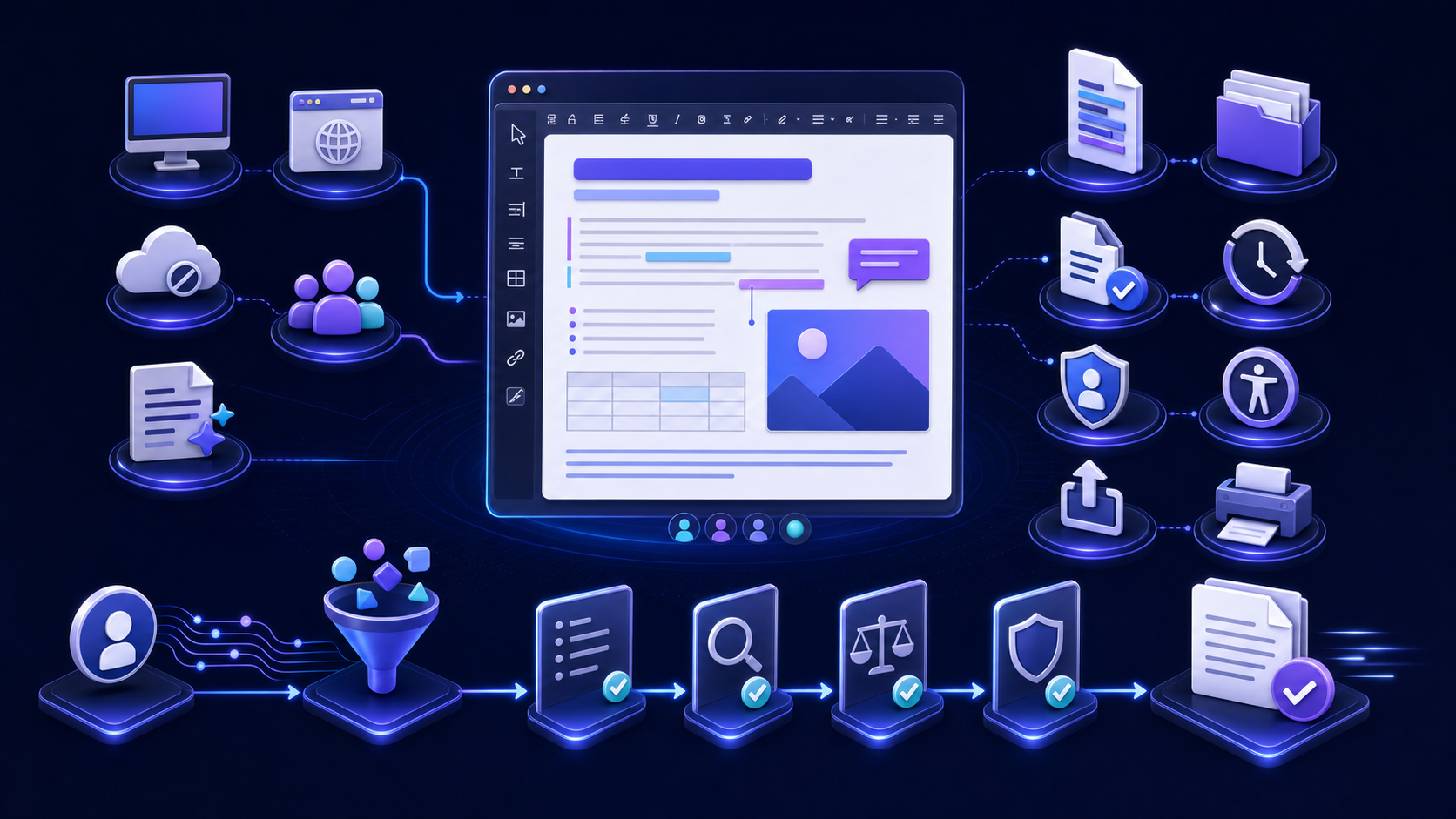 A word processor document workspace surrounded by evaluation icons for desktop and web access, collaboration, templates, file compatibility, privacy, accessibility, export, and quality assurance