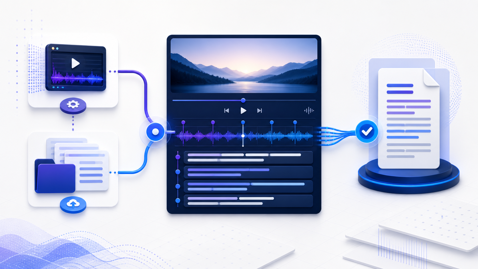 Visual workflow showing youtube transcript download from source video to a reviewable result