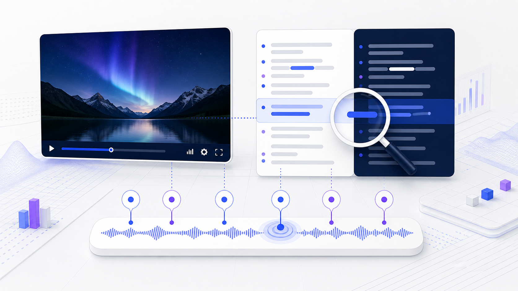 Visual workflow showing youtube transcript search from source video to a reviewable result